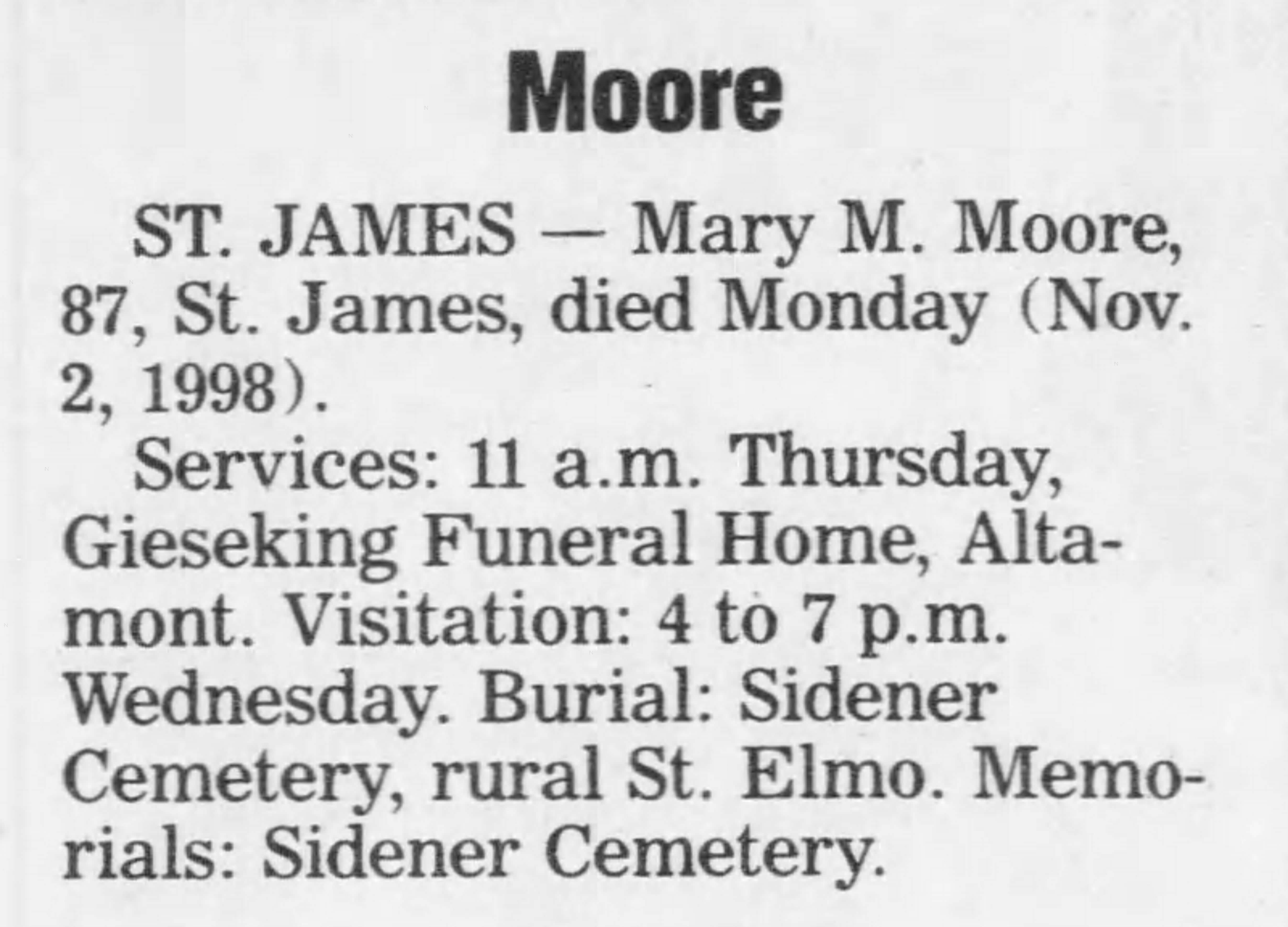 OBITUARY: MOORE, Mary M. (maiden name COOK)