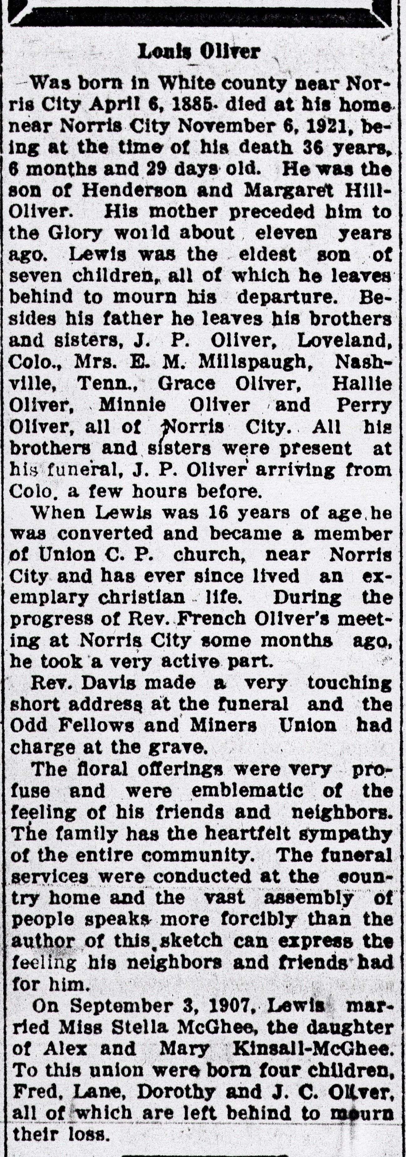 OBITUARY: OLIVER, Lewis
