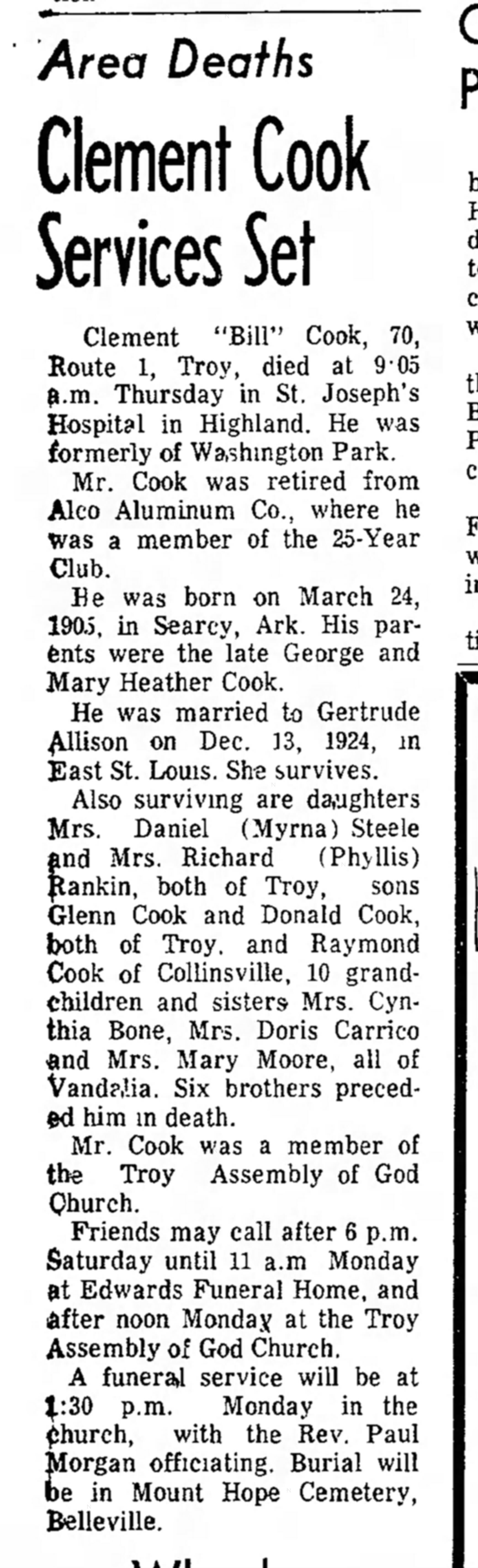 OBITUARY: COOK, Clement