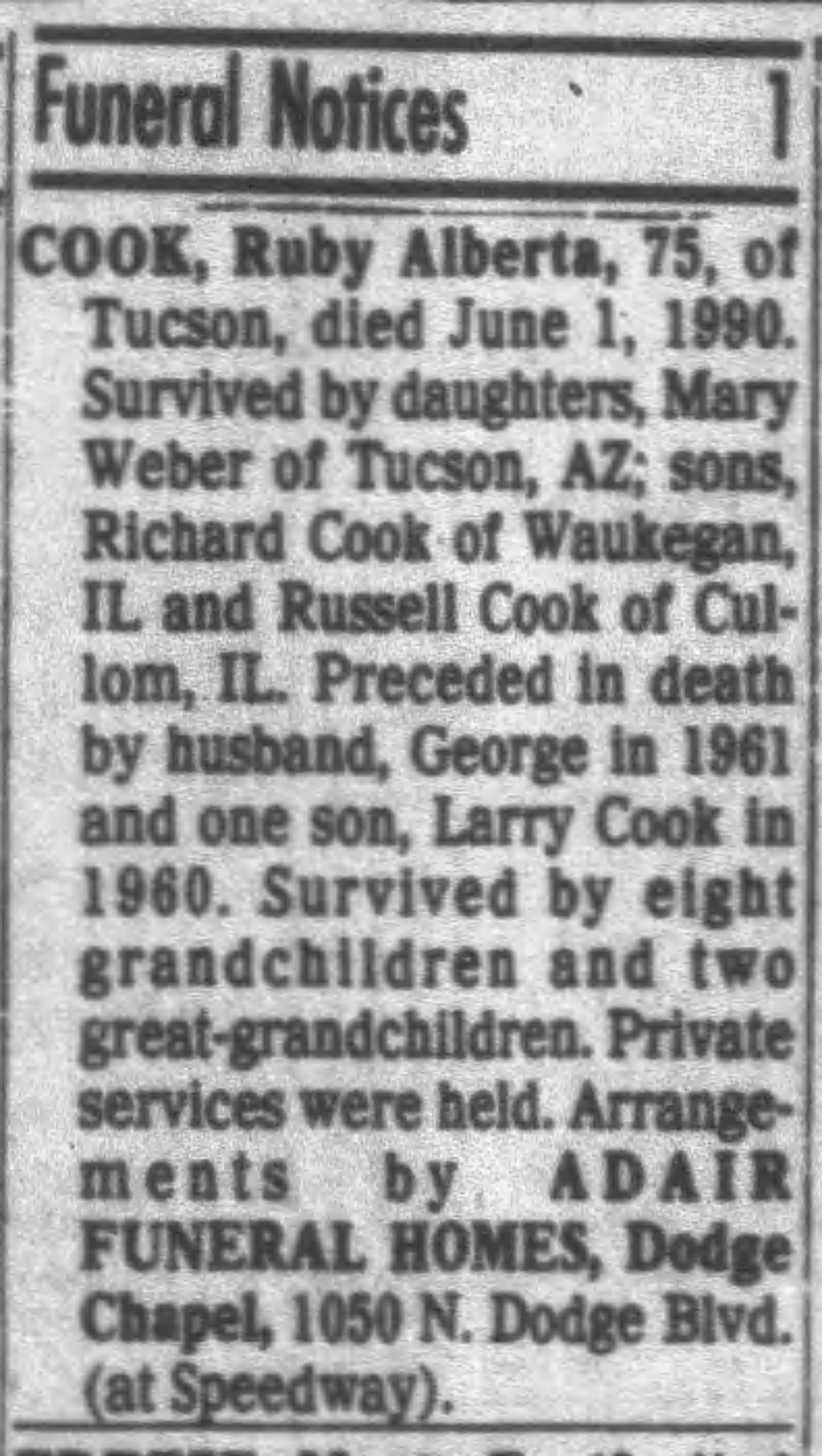 OBITUARY: COOK, Ruby (maiden name YOUNG)